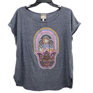 TrueSelf Woman's Heathered Blue Distressed Hamsa Boho Roll Sleeve Tee Plus Sz 1X